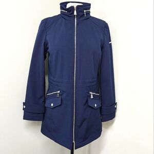 Dennis Basso Womens Jacket Navy Blue Water Resistant Hidden Hood NWOT